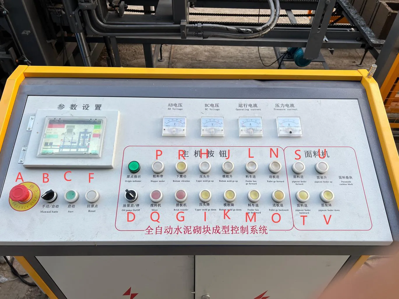 PLC control panel with a touch screen, gauges and function buttons marked with letters in the manual.