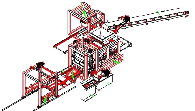 Three-dimensional line drawing showing the main machine, stacker, pallet handling and inclined conveyor in red outline.