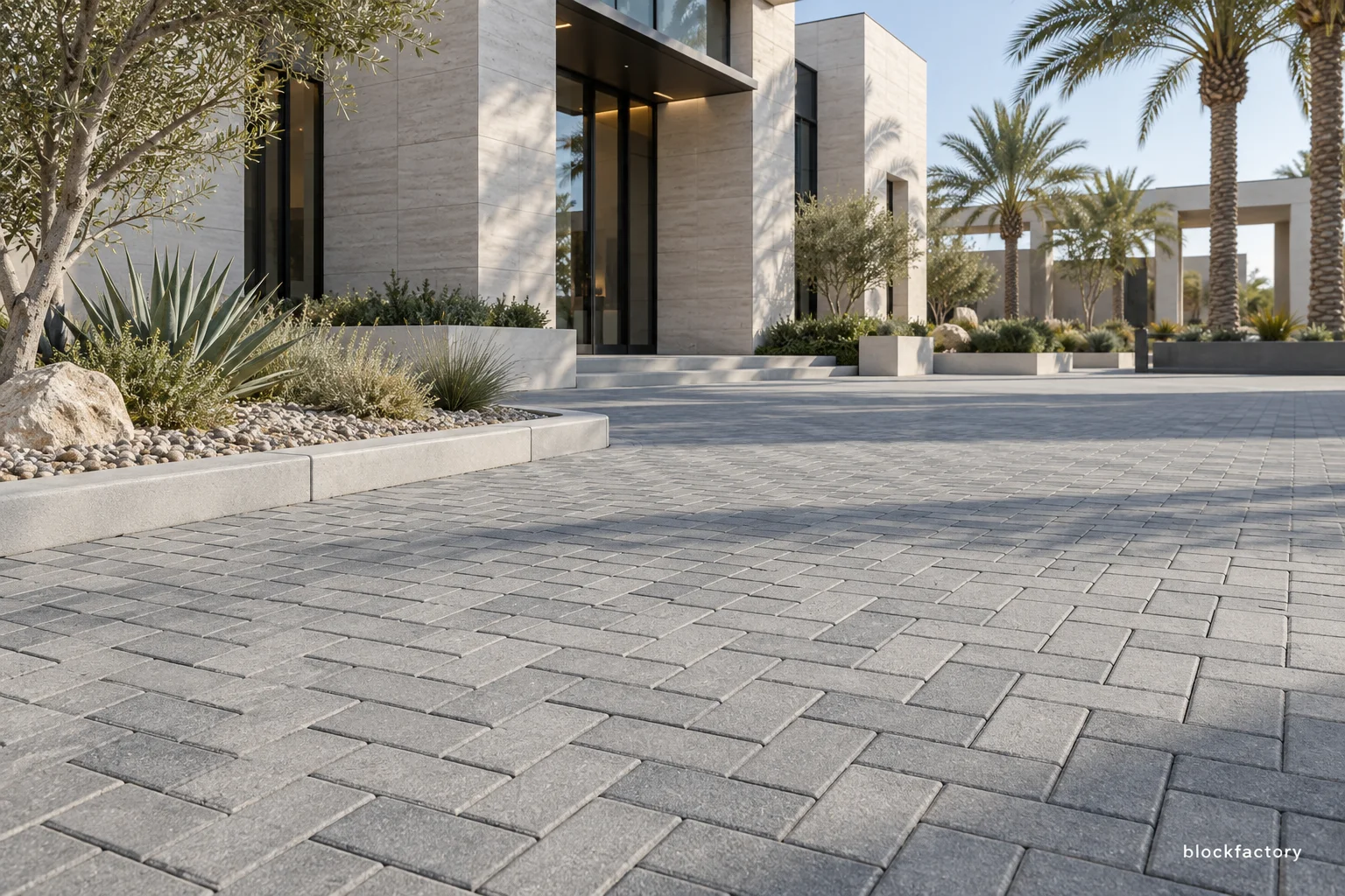 Illustration of a paved walkway of grey concrete blocks beside a landscaped bed with agave plants, outside a modern building.