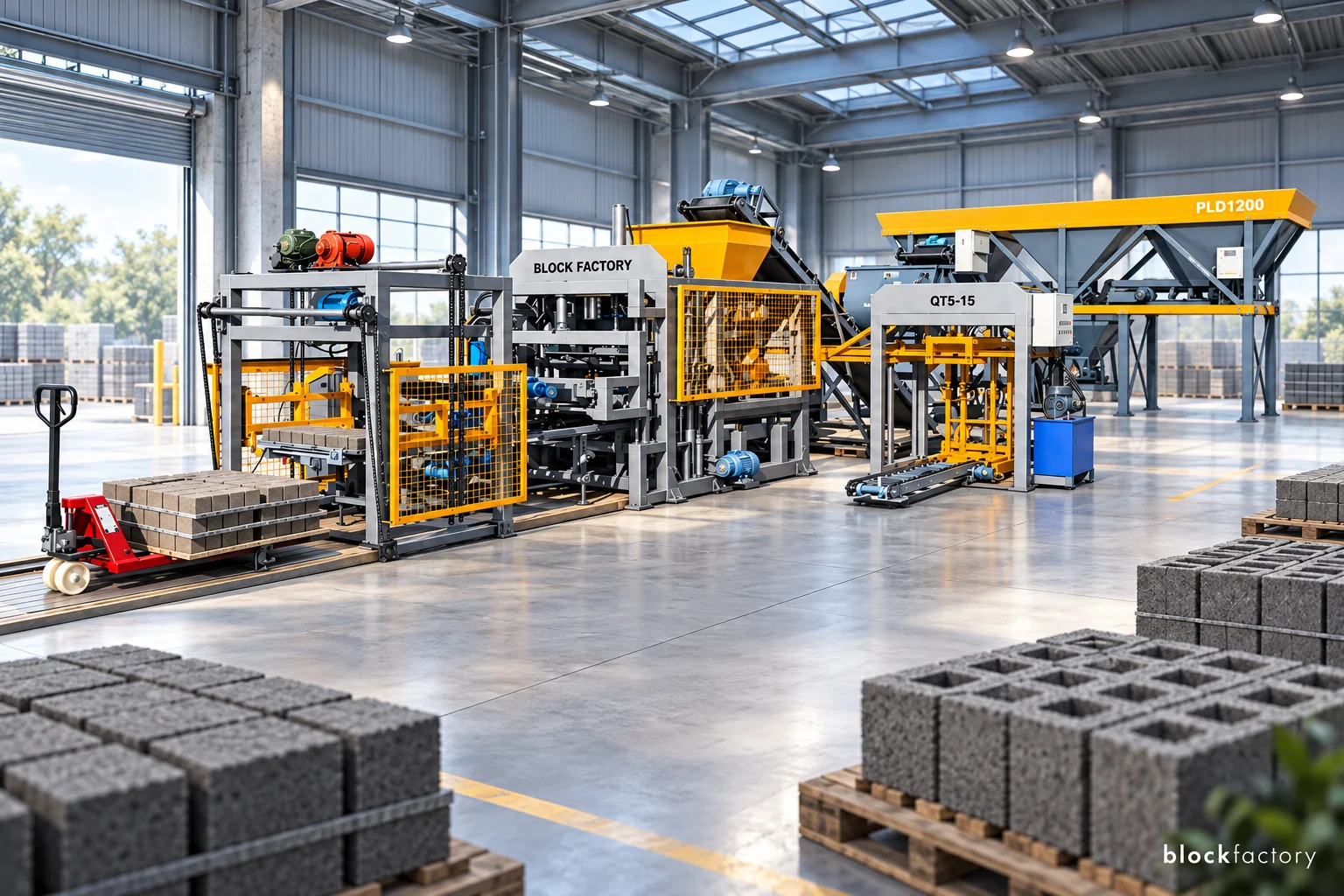 Illustration of a block production line in a bright hall, from the PLD1200 batching station to the stacker, with pallets of hollow blocks in front.