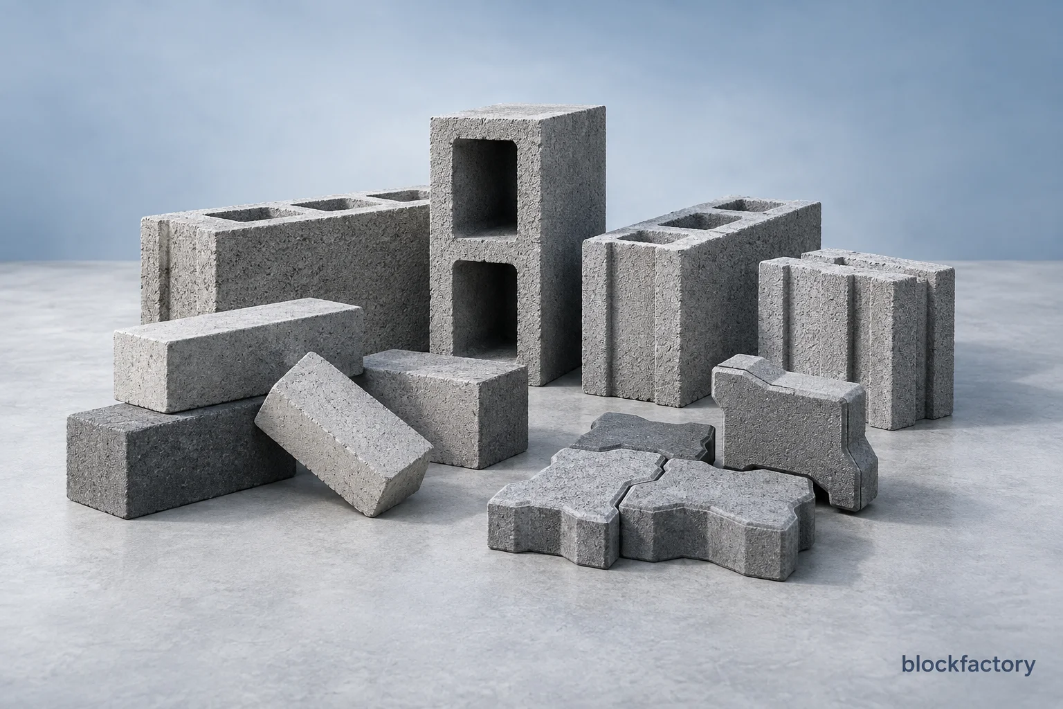 Illustration of grey concrete hollow blocks, solid bricks and interlocking paving blocks arranged on a pale floor.