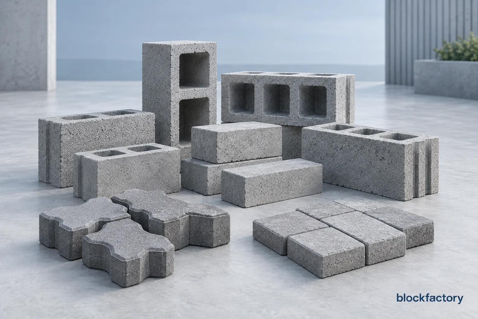 Illustration of concrete hollow blocks, solid bricks, interlocking pavers and rectangular pavers grouped on a light factory floor.