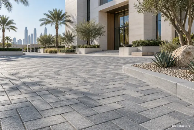 Illustration of grey concrete pavers laid in a herringbone pattern across a courtyard, with palms and a modern building behind.