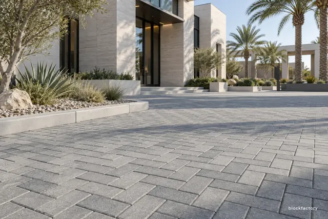 Illustration of a paved walkway of grey concrete blocks beside a landscaped bed with agave plants, outside a modern building.