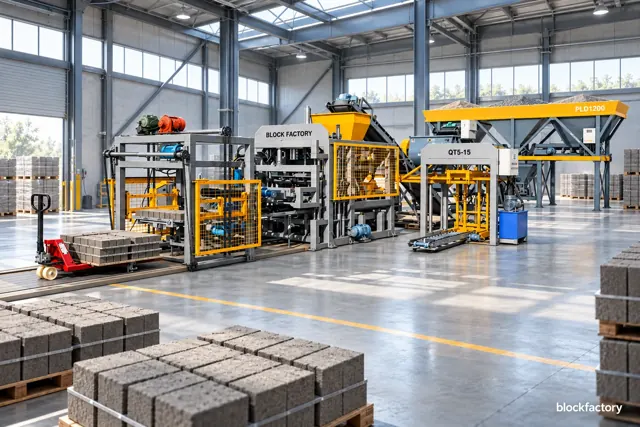 Illustration of a block production line with a yellow-guarded main machine and stacker, and wrapped pallets of hollow blocks in the foreground.