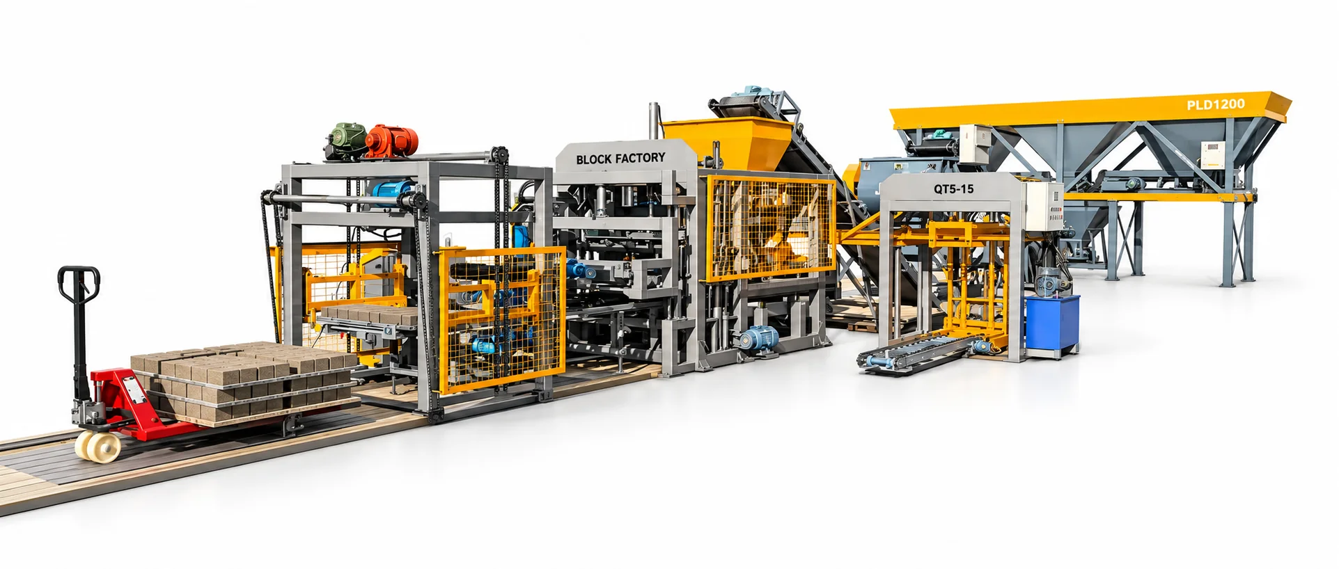 Complete QT5-15 production line on a white background: PLD1200 batching station, conveyors, JS500 mixer, QT5-15 main machine, stacker and pallet truck.