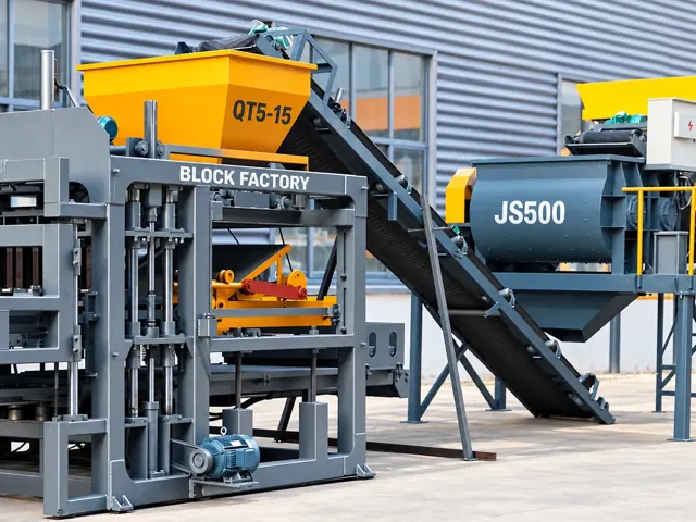 QT5-15 main machine with yellow QT5-15 hopper, inclined feeding conveyor and JS500 mixer.